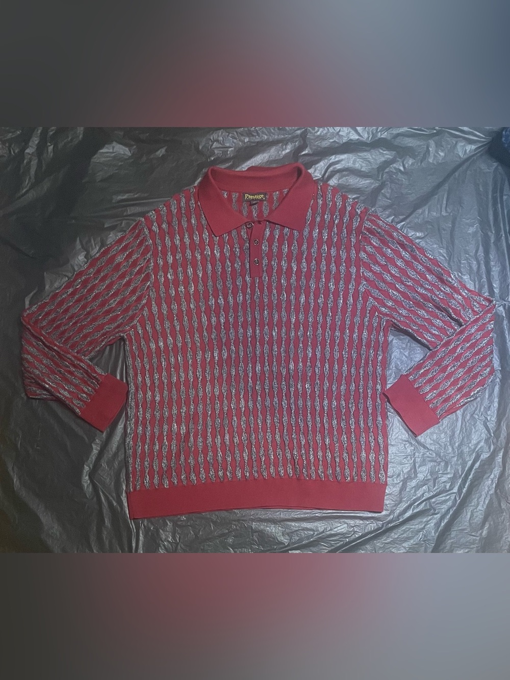 Prestige Original Men’s Red Silver Metallic Knit Polo Sweater 4XL Long Sleeve